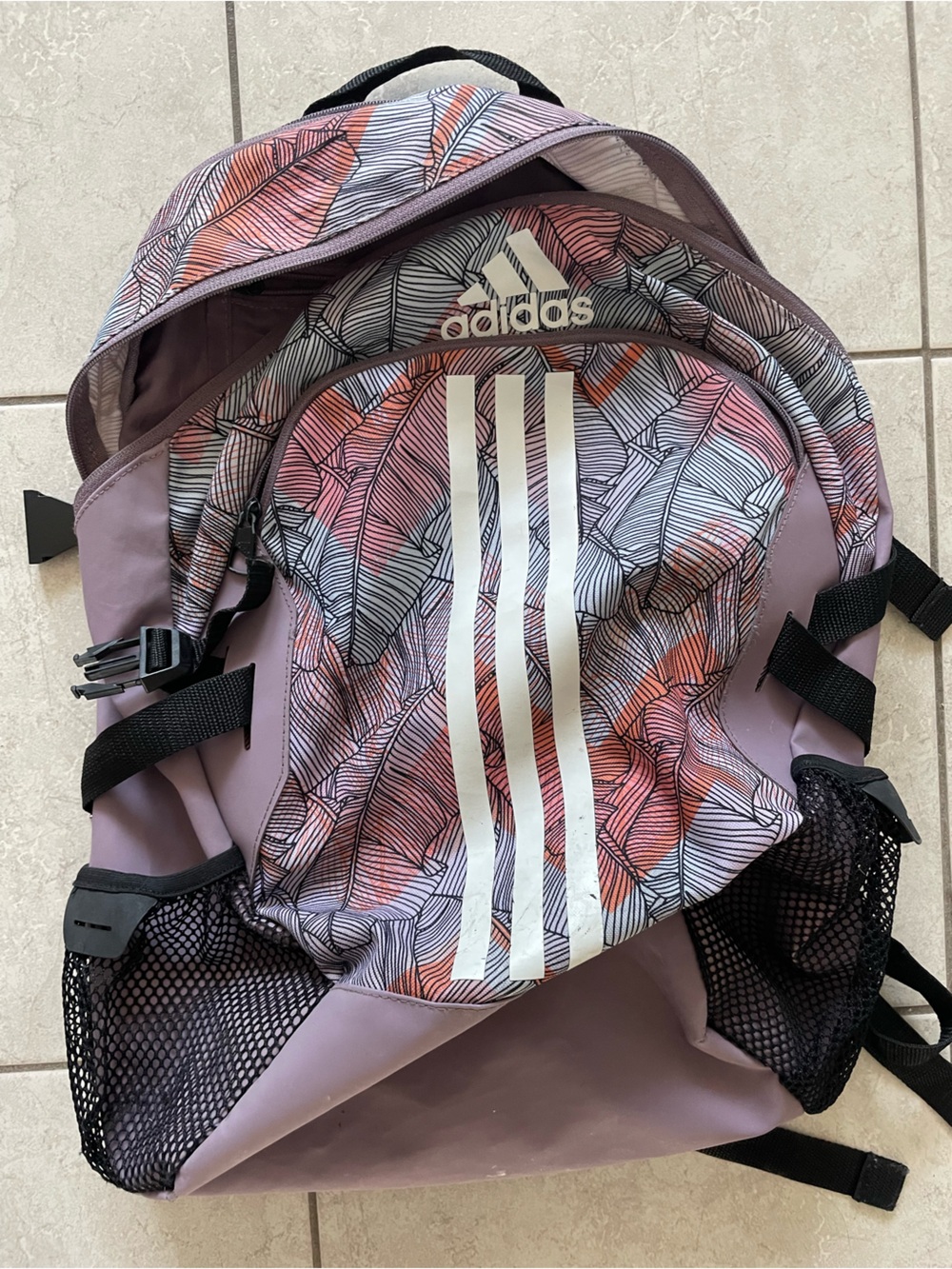 adidas Lavender Leaf-Print Backpack with White 3-Stripes